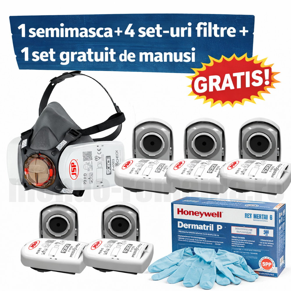 1 semimasca JSP FORCE8 + 4 perechi de filtre ABEK1P3 + 1 cutie de manusi - FORCE8 + 4 filtre ABEK1P3 + GRATUIT 1 cutie manusi chirurgicale