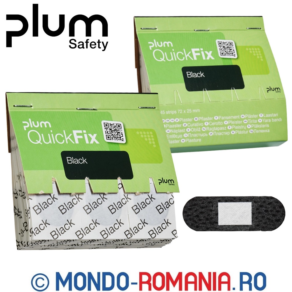 Rezerva 45 plasturi negri pentru pentru tratarea rapida a taieturilor si zgarieturilor minore - PLUM Quickfix Black - 5522