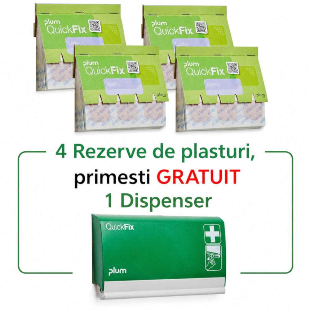 	 4 rezerve de 45 plasturi elastici QuickFix 5512 + GRATUIT 1 dispenser 5500 - PROMO - Plum QuickFix Dispenser